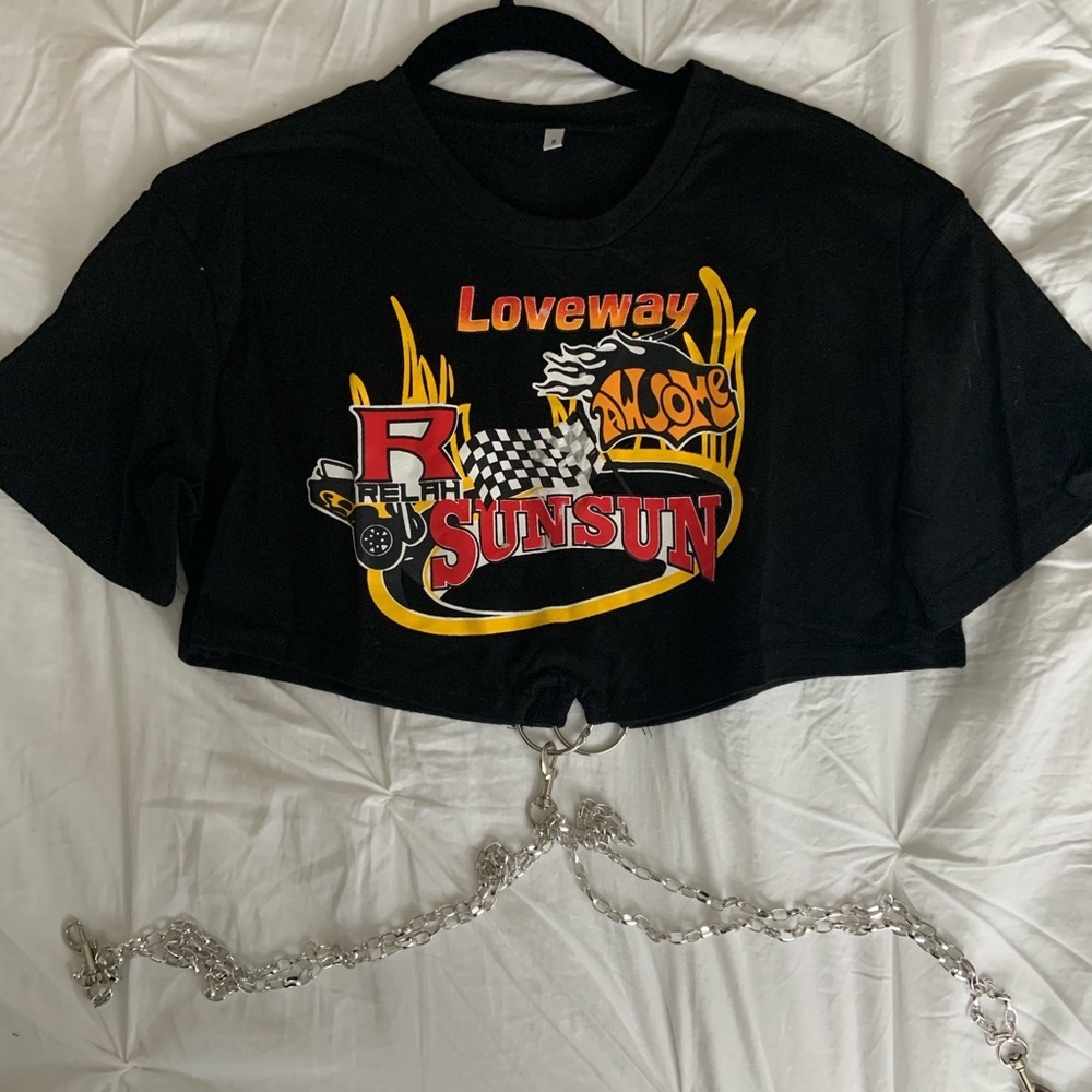 Graphic Black Crop Top with Chains